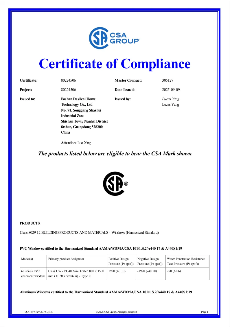 Csa Compliance Certificate Canada Window & Door Certification