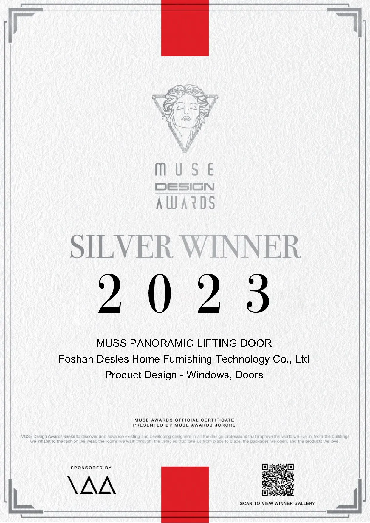 Muse Design Awards 2023 Silver Winner Panoramic Lifting Door