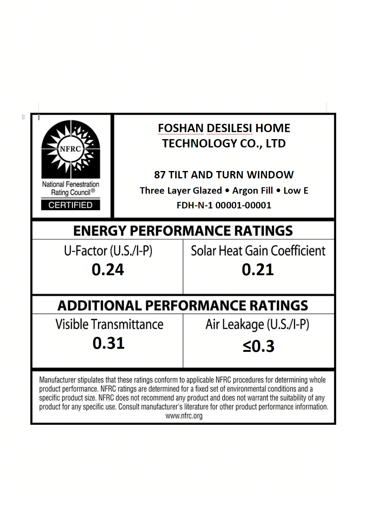 Nfrc Energy Performance Label 87 Tilt & Turn Window