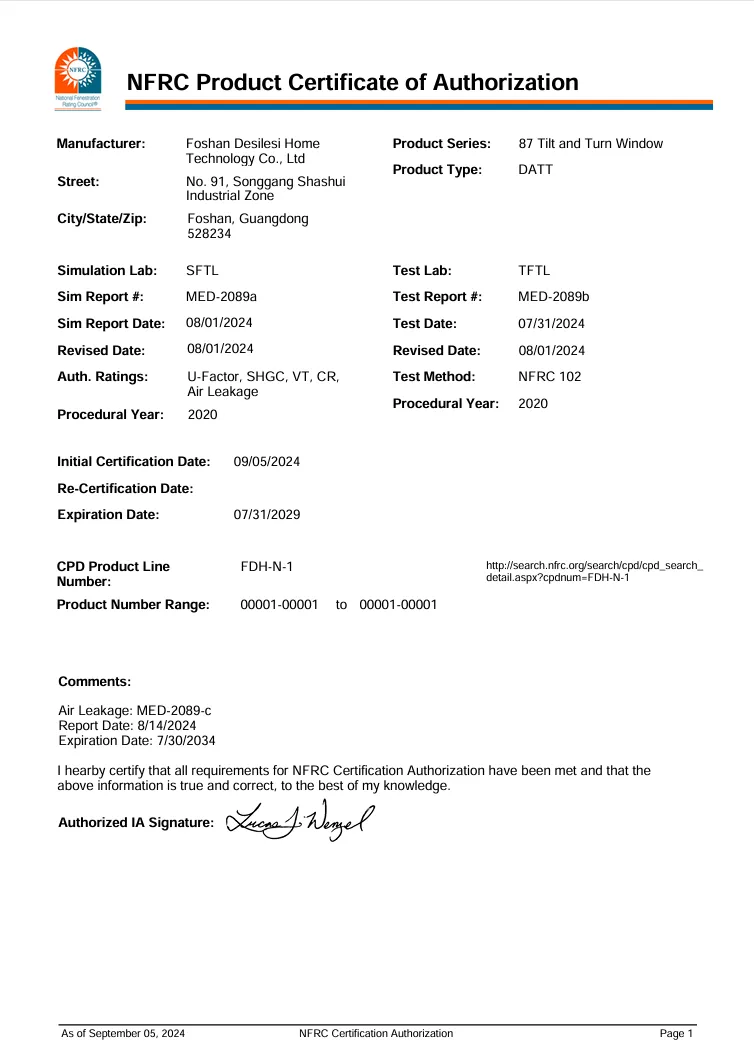Nfrc Official Product Authorization Certificate North America Energy Performance