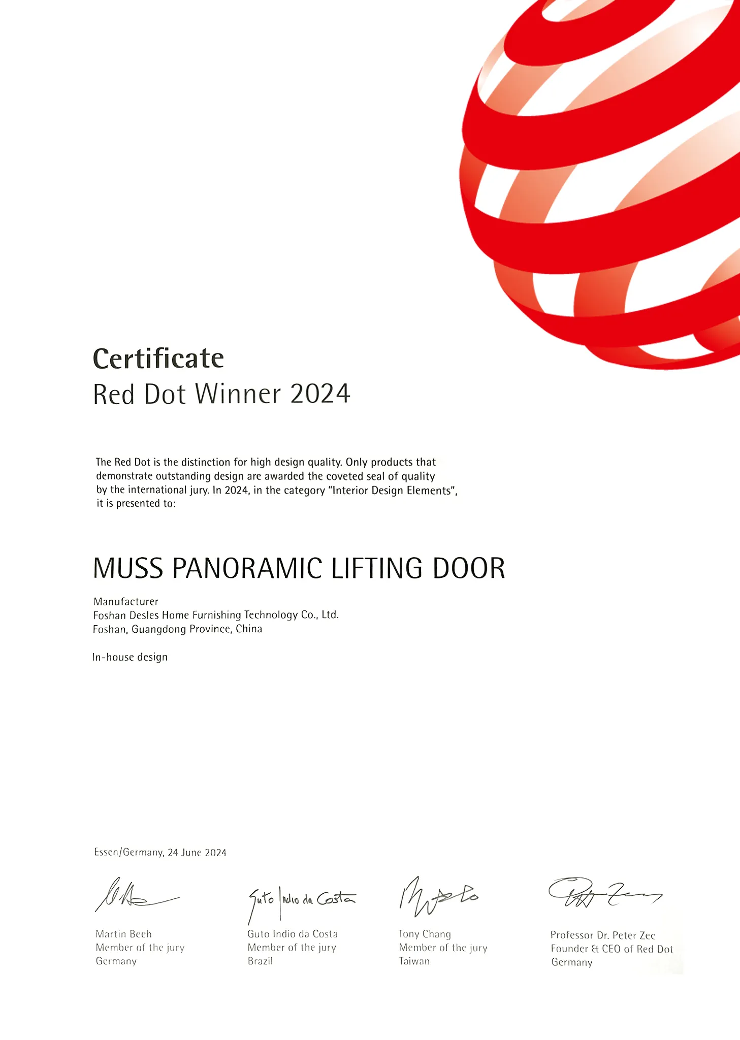Red Dot Design Award Winner 2024 Panoramic Lifting Door