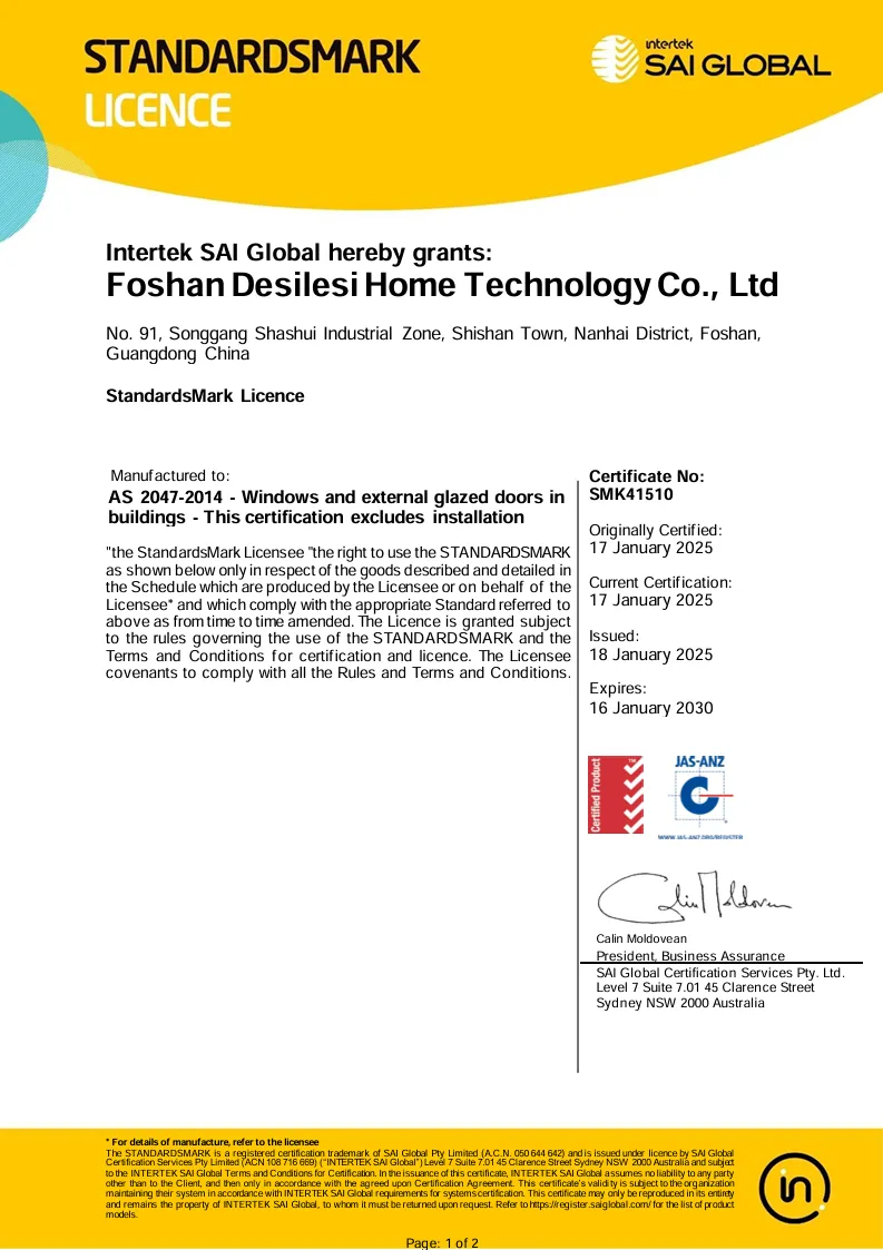 Sai‑global Standardsmark As2047 Australia & New Zealand Window Licence